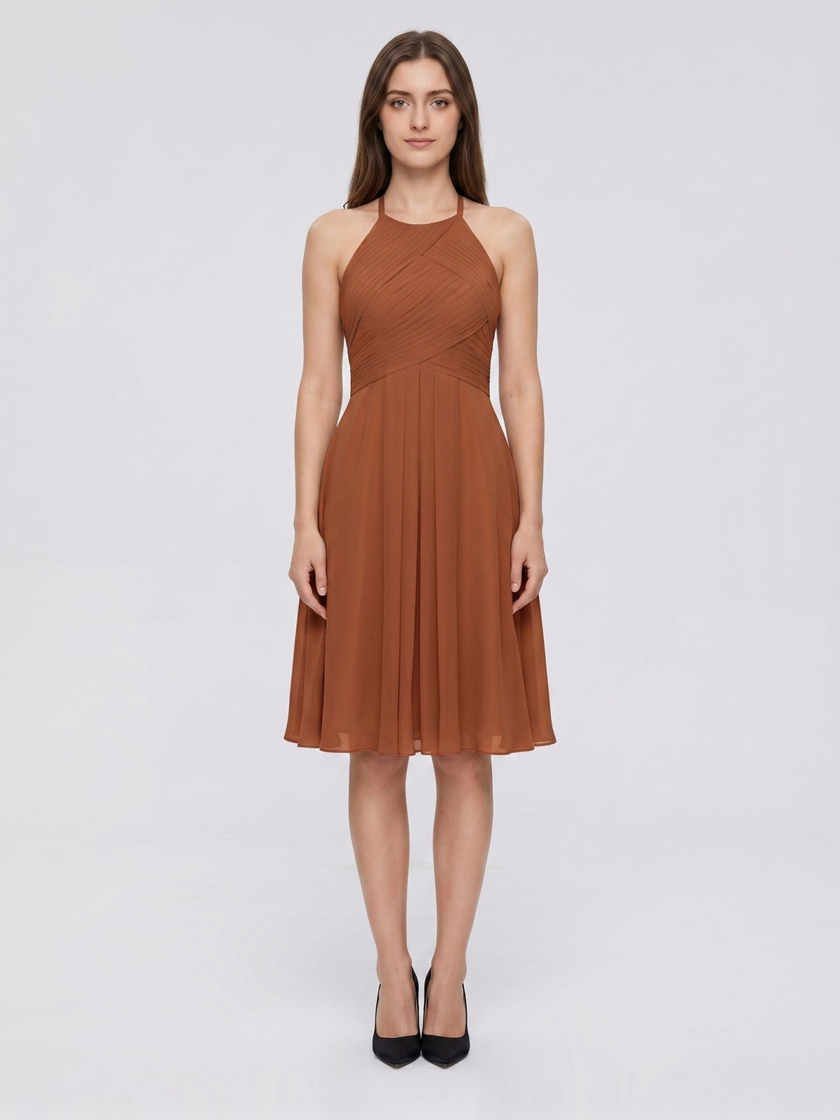 Terracotta Chiffon A-Line Halter Keyhole Back Knee-Length Pleated Bridesmaid Dress - Curvevia