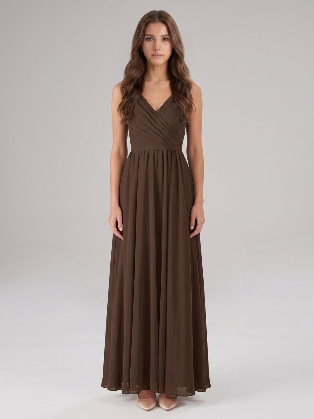 Mocha Chiffon A-Line V-Neck V-Back Floor-Length Bridesmaid Dress with Bow - Curvevia