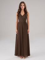 Mocha Chiffon A-Line V-Neck V-Back Floor-Length Bridesmaid Dress with Bow - Curvevia