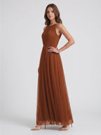 Terracotta Tulle A-Line Scoop Neck Back Zip Floor-Length Pleated Bridesmaid Dress - Curvevia