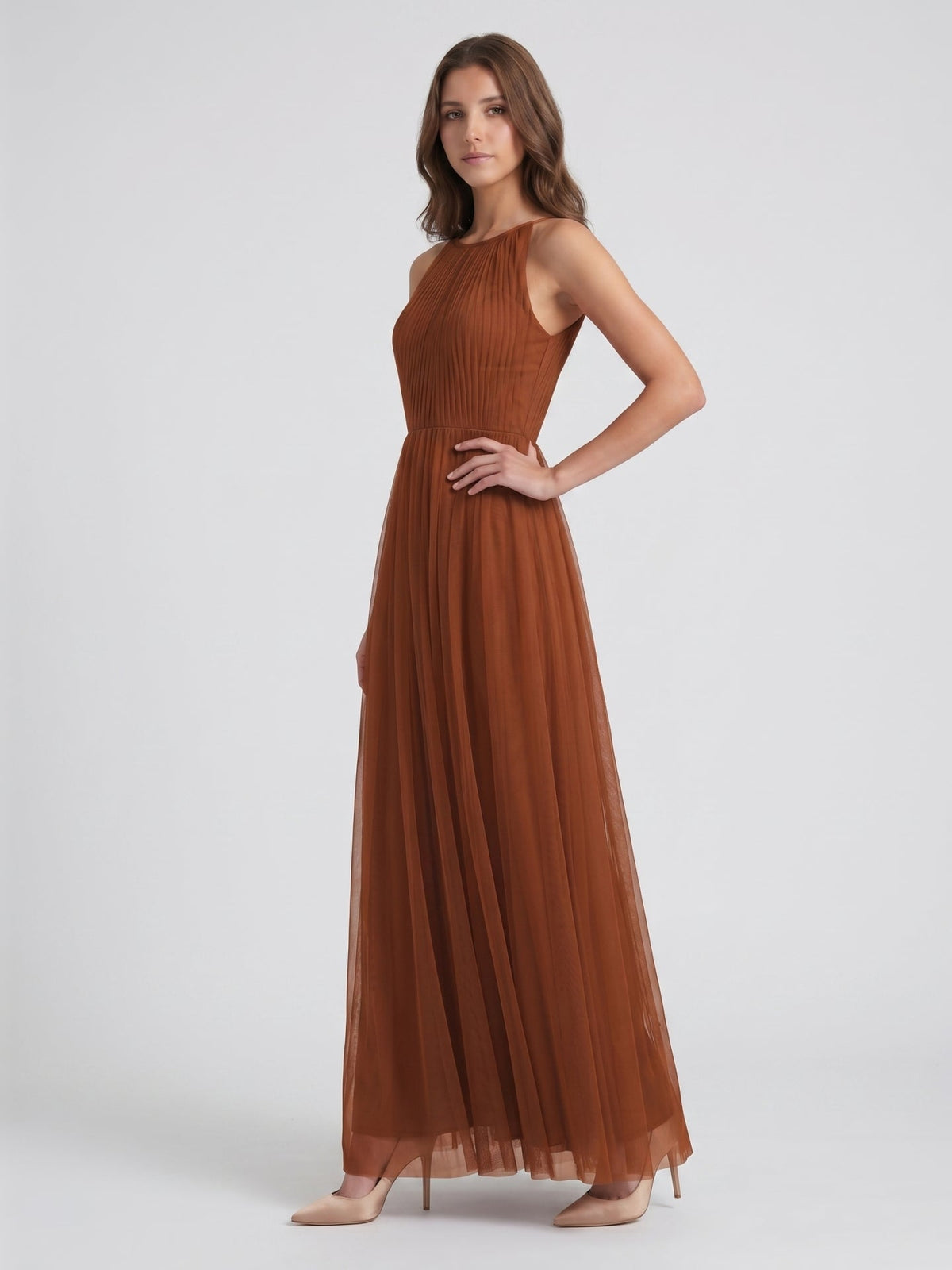 Terracotta Tulle A-Line Scoop Neck Back Zip Floor-Length Pleated Bridesmaid Dress - Curvevia