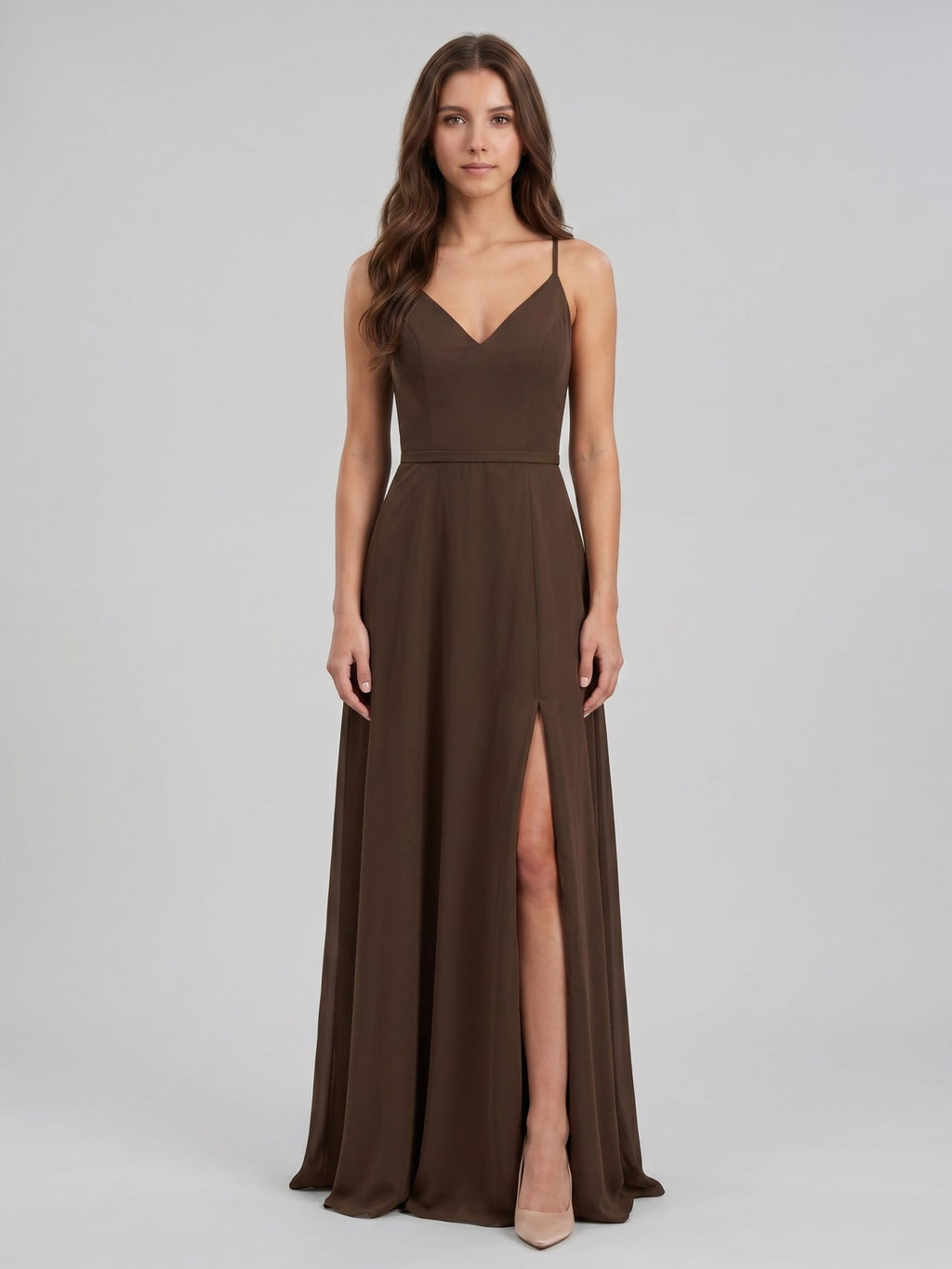 Mocha Chiffon A-Line V-Neck Backless Floor-Length Bridesmaid Dress - Curvevia