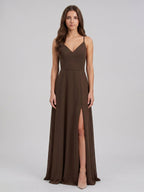 Mocha Chiffon A-Line V-Neck Backless Floor-Length Bridesmaid Dress - Curvevia