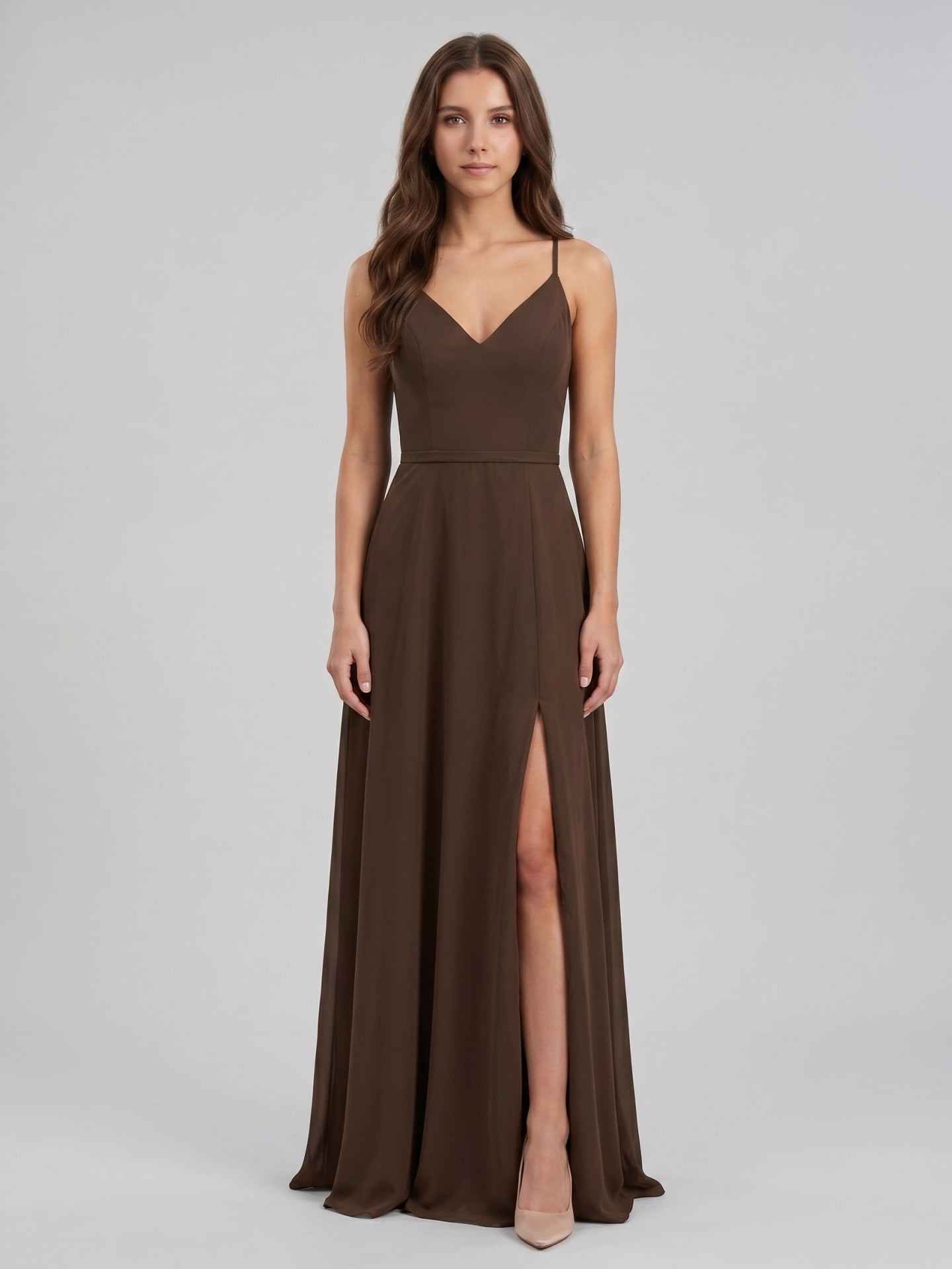 Mocha Chiffon A-Line V-Neck Backless Floor-Length Bridesmaid Dress - Curvevia