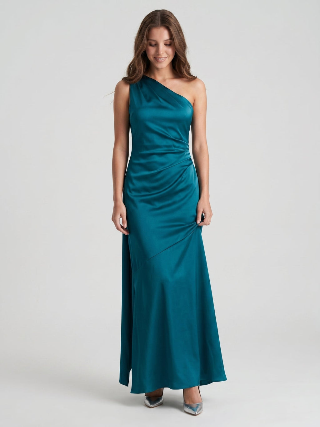 Elegant Teal Satin column One Shoulder Backless Ankle-Length Bridesmaid Dress - Curvevia
