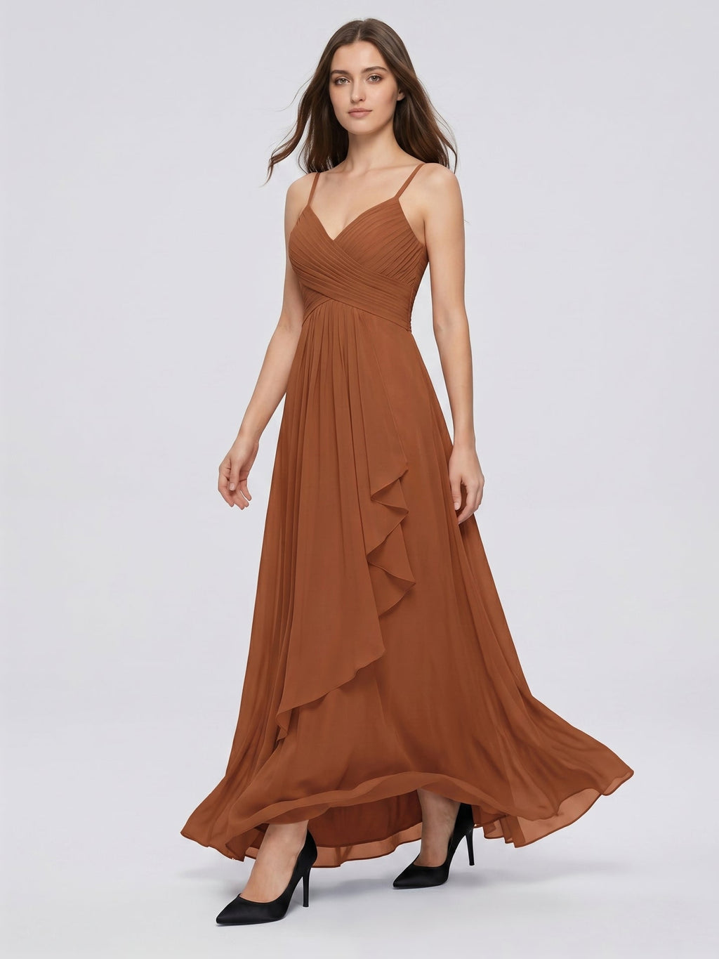 Terracotta Chiffon A-Line V-Neck Backless Floor-Length Pleated Bridesmaid Dress - Curvevia
