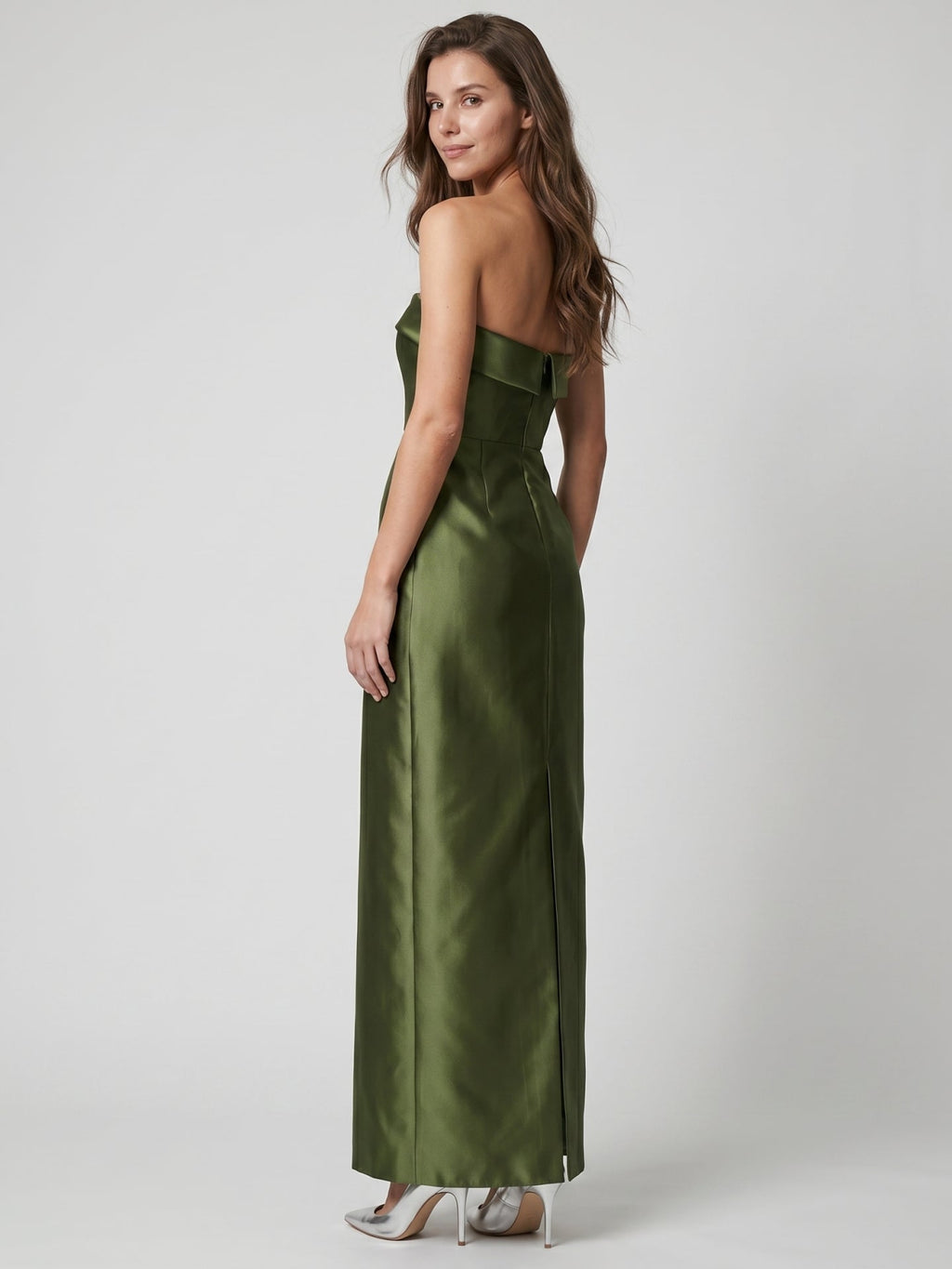 Olive Green Satin Sheath Off-the-Shoulder Backless Floor-Length Bridesmaid Dress - Curvevia