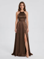 Mocha Satin A-Line Halter Criss-Cross Back Floor-Length Bridesmaid Dress - Curvevia