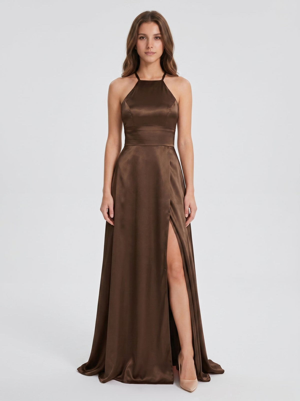 Mocha Satin A-Line Halter Criss-Cross Back Floor-Length Bridesmaid Dress - Curvevia