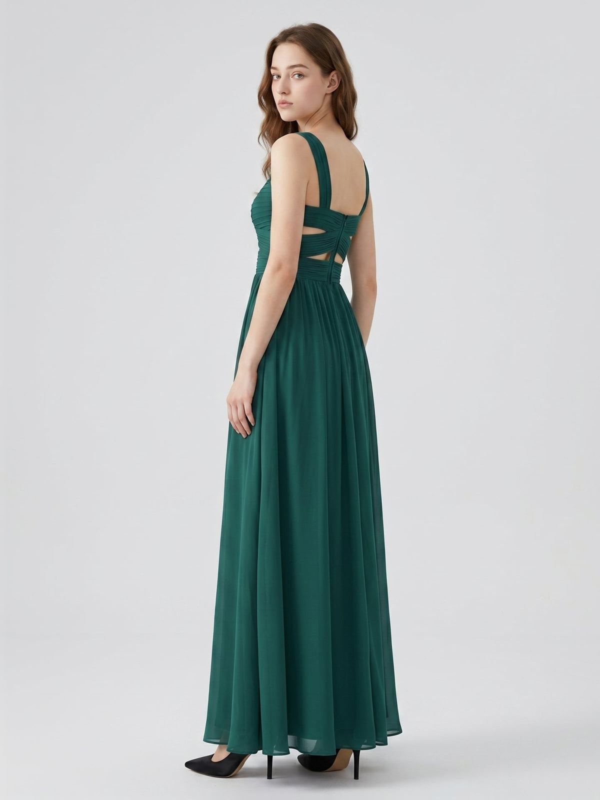 Peacock Chiffon A-Line Sweetheart Back Zip Floor-Length Pleated Bridesmaid Dress - Curvevia