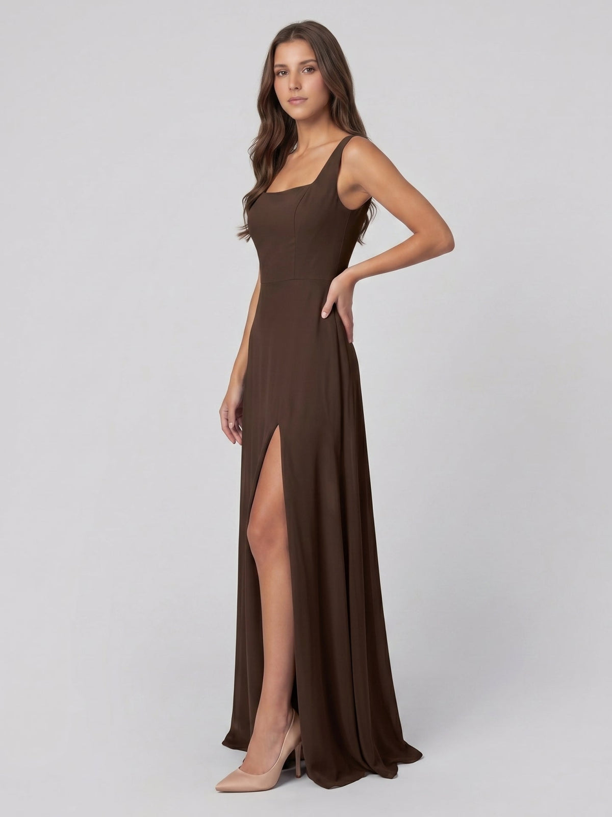 Mocha Chiffon A-Line Square Neck Backless Floor-Length Bridesmaid Dress - Curvevia