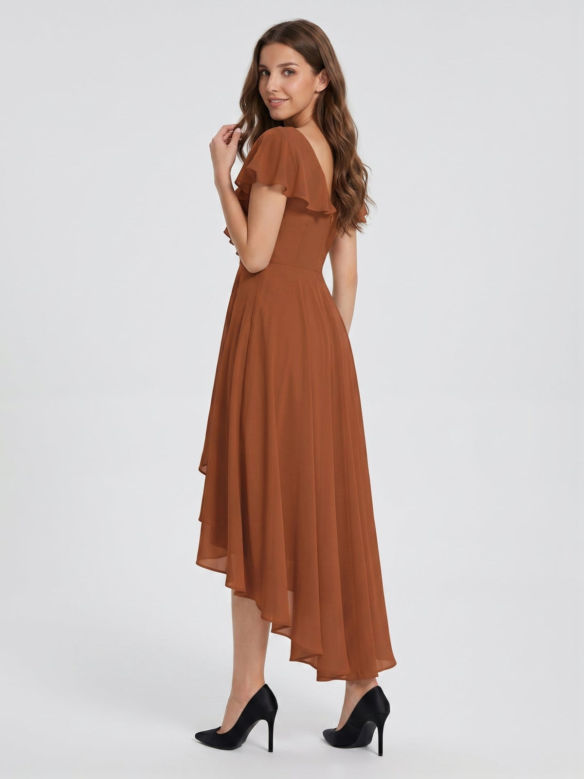 Terracotta Chiffon A-Line V-Neck V-Back Asymmetrical Ruffle Bridesmaid Dress - Curvevia