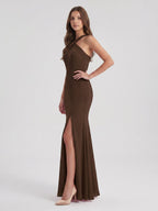 Mocha Chiffon Trumpet Halter Keyhole Back Ankle-Length Bridesmaid Dress - Curvevia