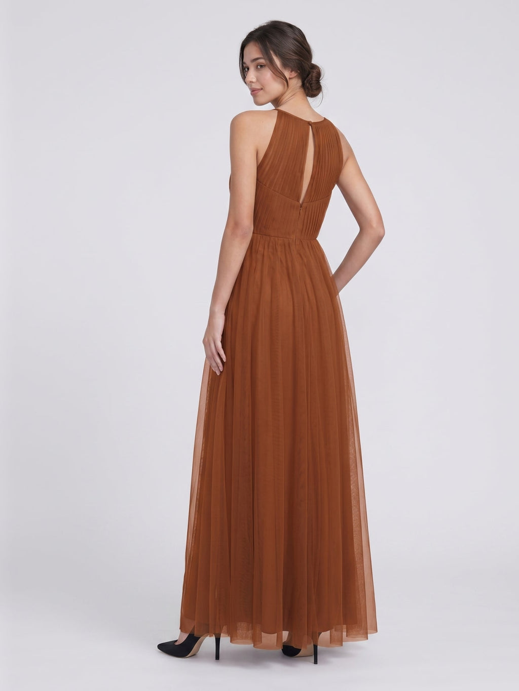 Terracotta Tulle A-Line Scoop Neck Back Zip Floor-Length Pleated Bridesmaid Dress - Curvevia