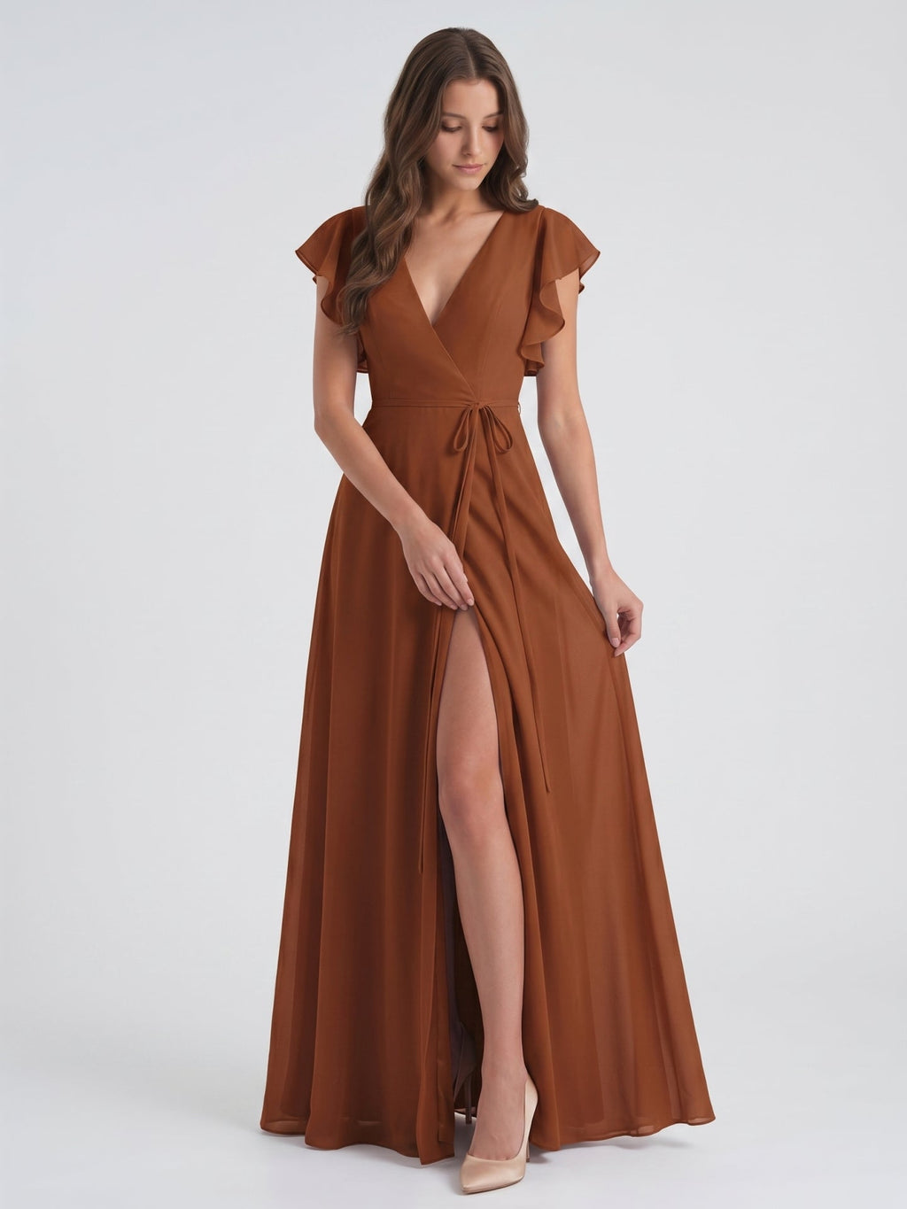 Terracotta Chiffon Sheath V-Neck Back Zip Floor-Length Ruffle Bridesmaid Dress - Curvevia