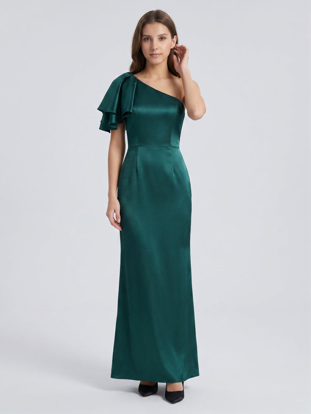 Peacock Satin Sheath One Shoulder Back Zip Floor-Length Ruffle Bridesmaid Dress - Curvevia