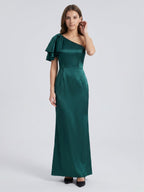 Peacock Satin Sheath One Shoulder Back Zip Floor-Length Ruffle Bridesmaid Dress - Curvevia