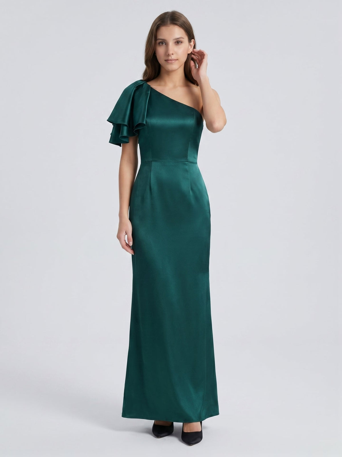 Peacock Satin Sheath One Shoulder Back Zip Floor-Length Ruffle Bridesmaid Dress - Curvevia