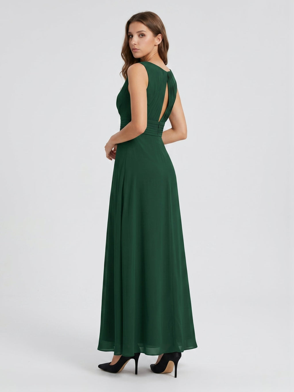Forest Green Chiffon A-Line V-Neck Keyhole Back Floor-Length Pleated Bridesmaid Dress - Curvevia