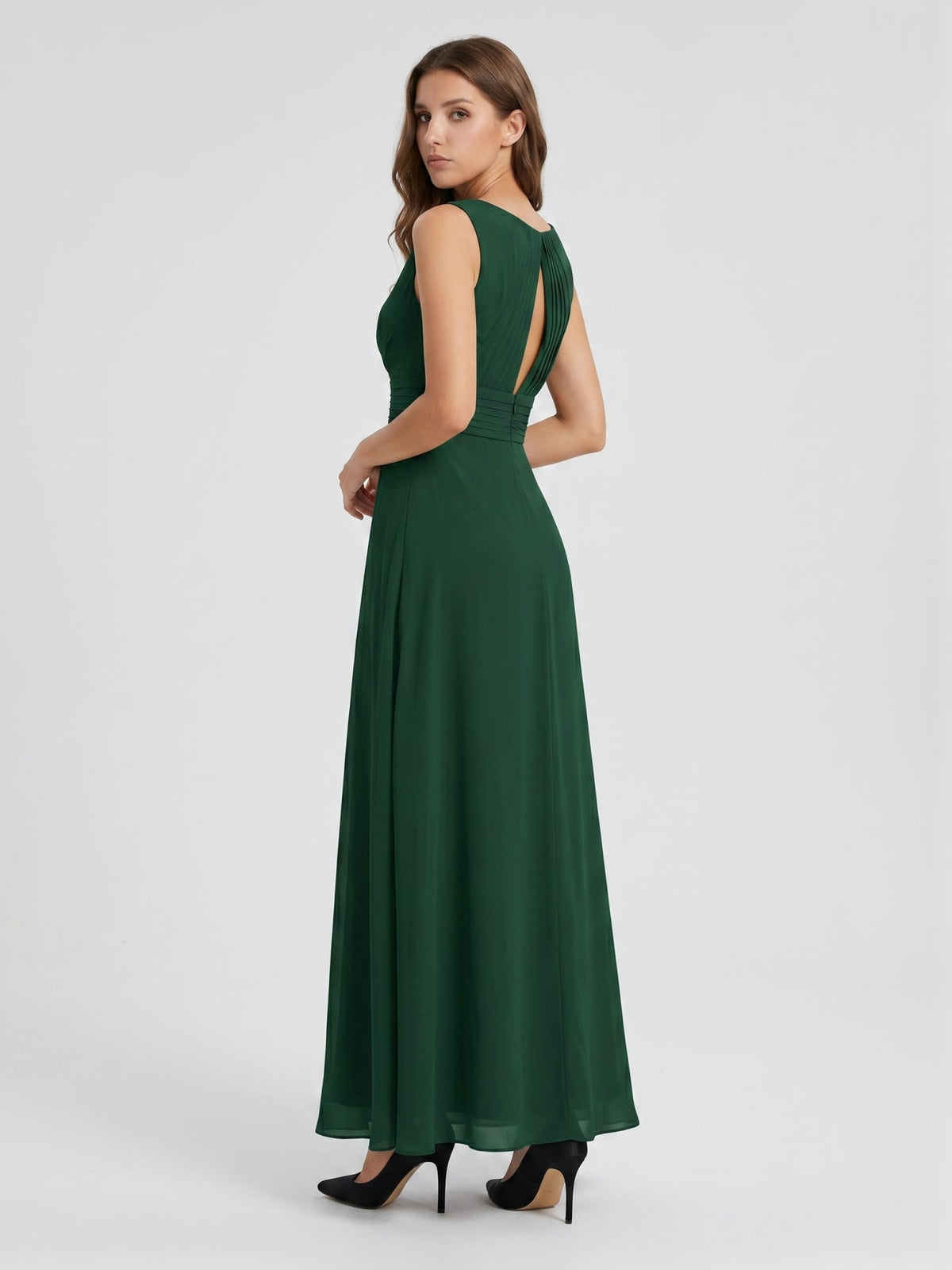 Forest Green Chiffon A-Line V-Neck Keyhole Back Floor-Length Pleated Bridesmaid Dress - Curvevia