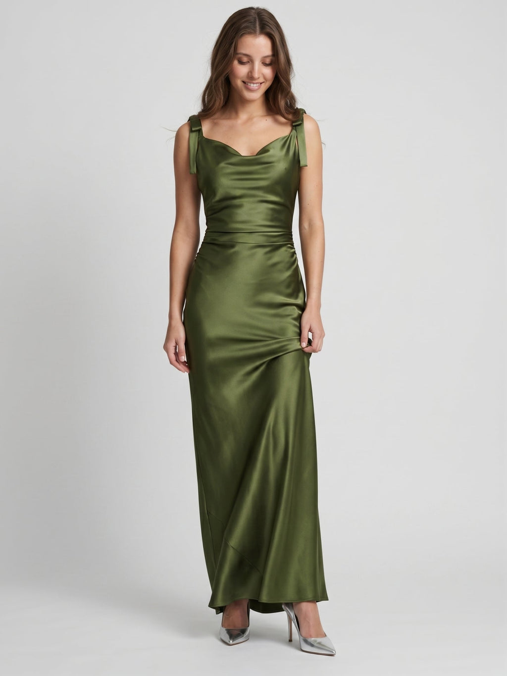 Olive Green Satin Mermaid Cowl Neck Backless Floor-Length Pleated Bridesmaid Dress - Curvevia
