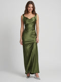 Olive Green Satin Mermaid Cowl Neck Backless Floor-Length Pleated Bridesmaid Dress - Curvevia