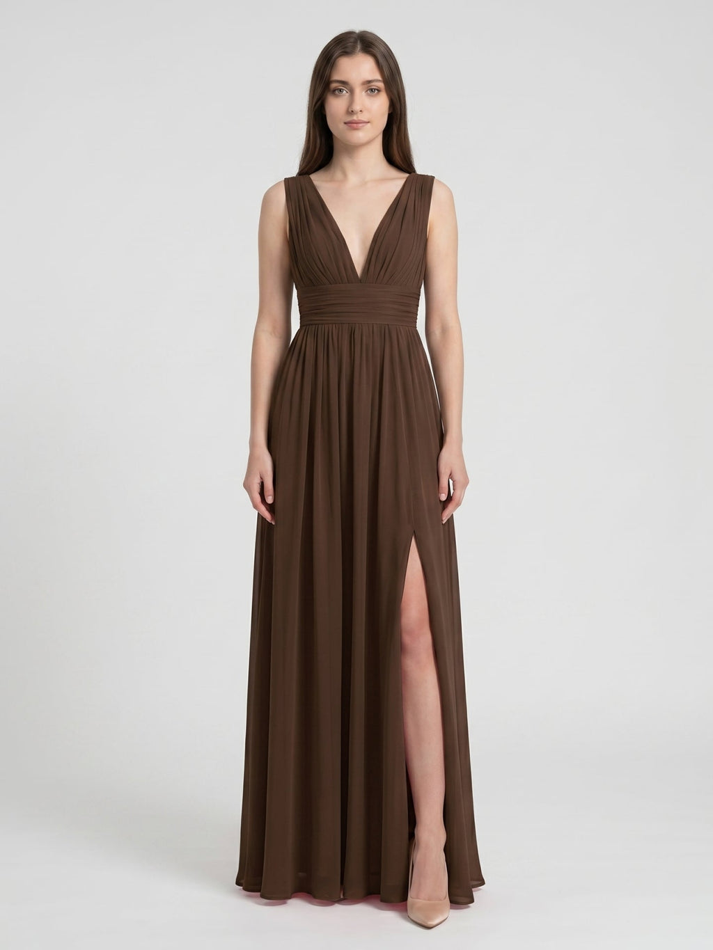 Mocha Chiffon A-Line V-Neck V-Back Ankle-Length Pleated Bridesmaid Dress - Curvevia