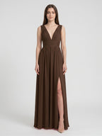 Mocha Chiffon A-Line V-Neck V-Back Ankle-Length Pleated Bridesmaid Dress - Curvevia