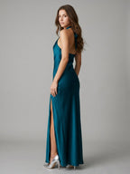 Teal Satin Column Halter Backless Floor-Length Bridesmaid Dress with Bow - Curvevia