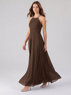 Mocha Chiffon A-Line Halter Keyhole Back Floor-Length Pleated Bridesmaid Dress - Curvevia