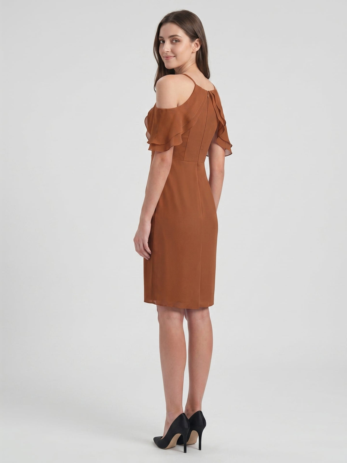 Terracotta Chiffon Sheath Off-the-Shoulder Back Zip Knee-Length Ruffle Bridesmaid Dress - Curvevia