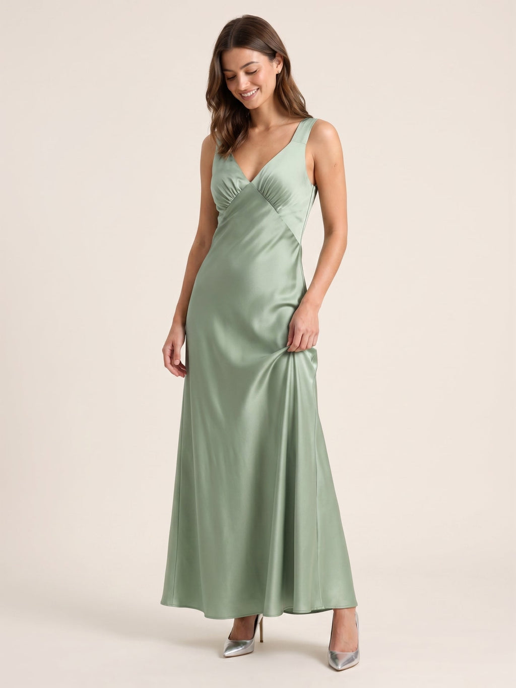 Refined Dusty Sage Satin column V-Neck Backless Ankle-Length Bridesmaid Dress - Curvevia