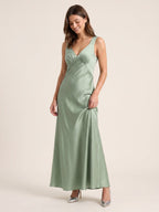 Refined Dusty Sage Satin column V-Neck Backless Ankle-Length Bridesmaid Dress - Curvevia