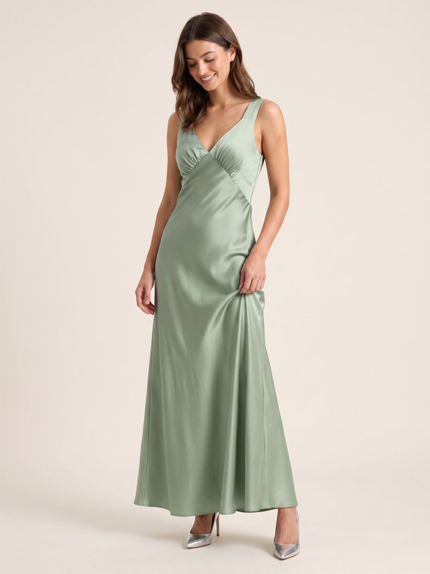 Refined Dusty Sage Satin column V-Neck Backless Ankle-Length Bridesmaid Dress - Curvevia