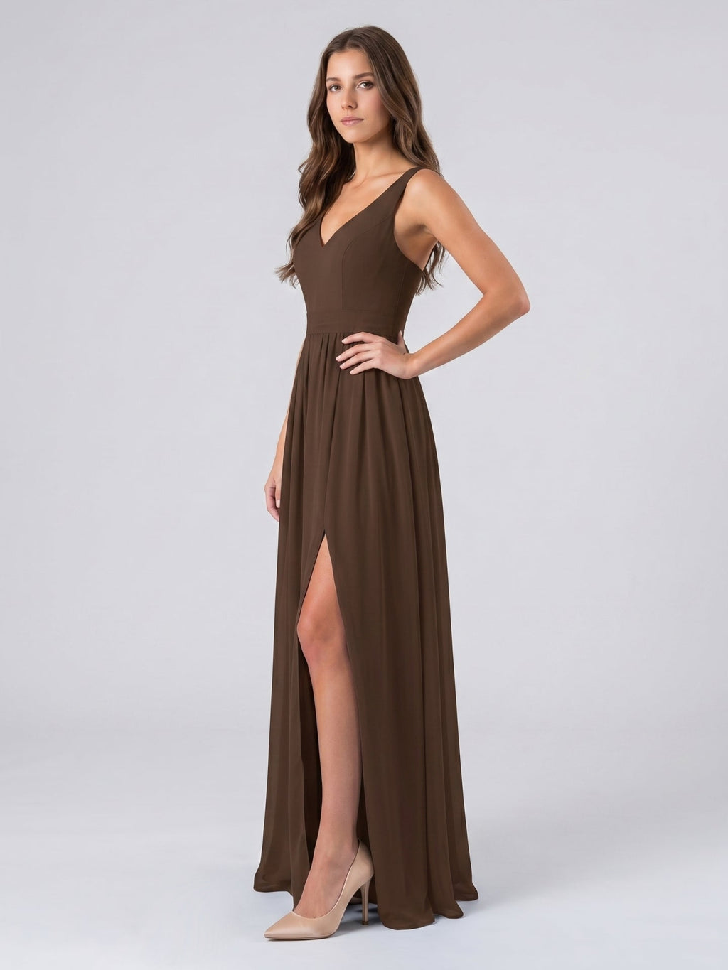 Mocha Chiffon A-Line V-Neck Backless Floor-Length Pleated Bridesmaid Dress - Curvevia