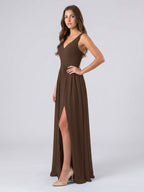 Mocha Chiffon A-Line V-Neck Backless Floor-Length Pleated Bridesmaid Dress - Curvevia