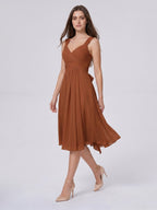 Terracotta Chiffon A-Line V-Neck Backless Knee-Length Bridesmaid Dress with Bow - Curvevia