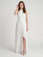 Ivory Chiffon A-Line Halter Bow Back Floor-Length Ruffle Bridesmaid Dress - Curvevia
