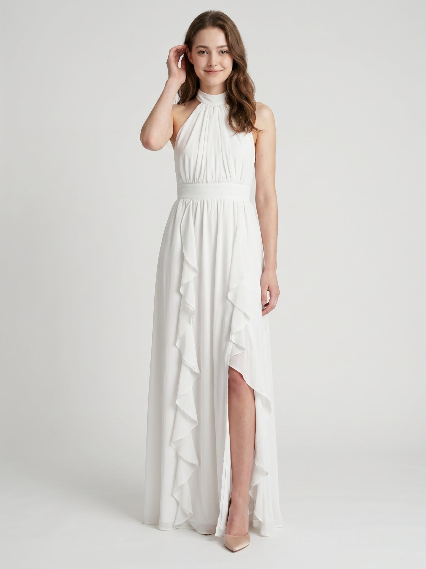 Ivory Chiffon A-Line Halter Bow Back Floor-Length Ruffle Bridesmaid Dress - Curvevia