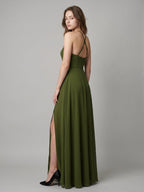 Olive Green Chiffon A-Line Halter Back Zip Floor-Length Bridesmaid Dress - Curvevia