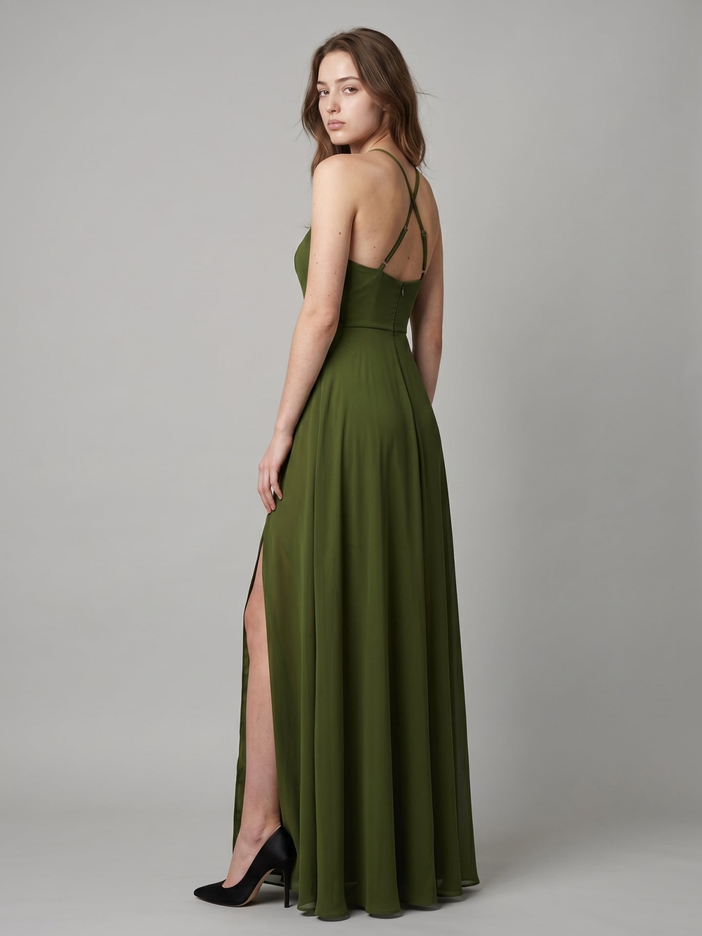 Olive Green Chiffon A-Line Halter Back Zip Floor-Length Bridesmaid Dress - Curvevia