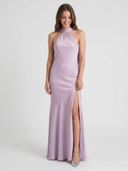 Elegant Lavender Matte Satin Sheath Halter neckline Back Zip Ankle-Length Bridesmaid Dress - Curvevia