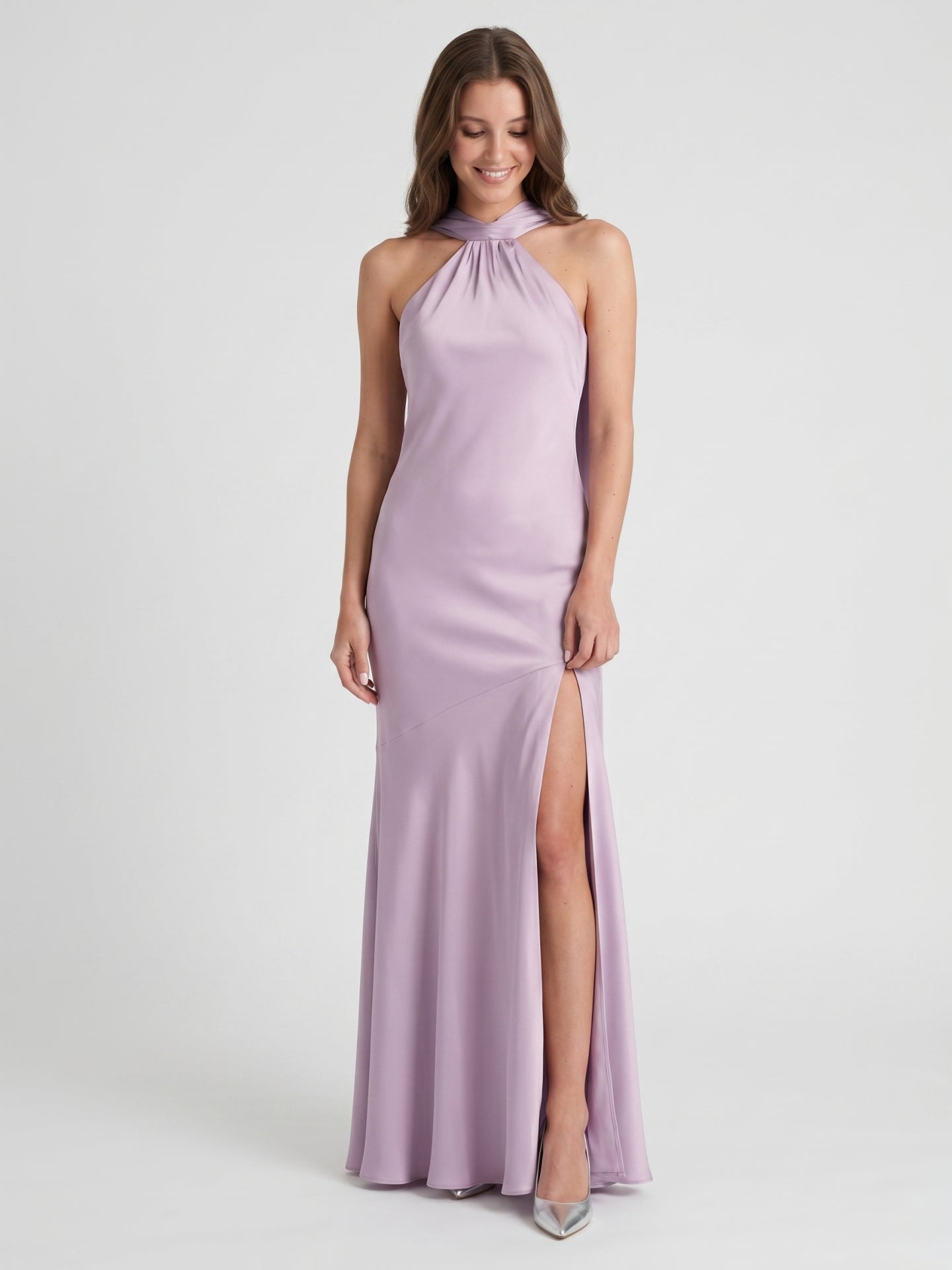 Elegant Lavender Matte Satin Sheath Halter neckline Back Zip Ankle-Length Bridesmaid Dress - Curvevia