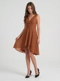 Terracotta Chiffon A-Line V-Neck V-Back Knee-Length Pleated Bridesmaid Dress - Curvevia