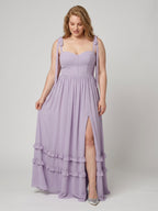 Coquette Lavender Chiffon A-Line Straight Neck Backless Ankle-Length Plus Size Bridesmaid Dress - Curvevia