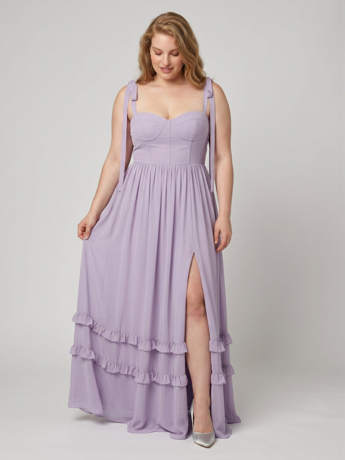 Coquette Lavender Chiffon A-Line Straight Neck Backless Ankle-Length Plus Size Bridesmaid Dress - Curvevia