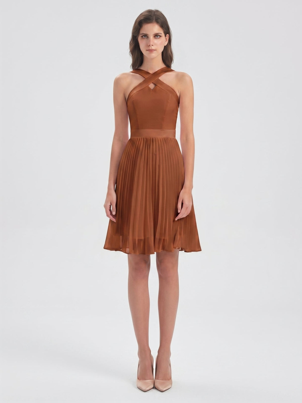 Terracotta Chiffon A-Line Halter Back Zip Knee-Length Pleated Bridesmaid Dress - Curvevia