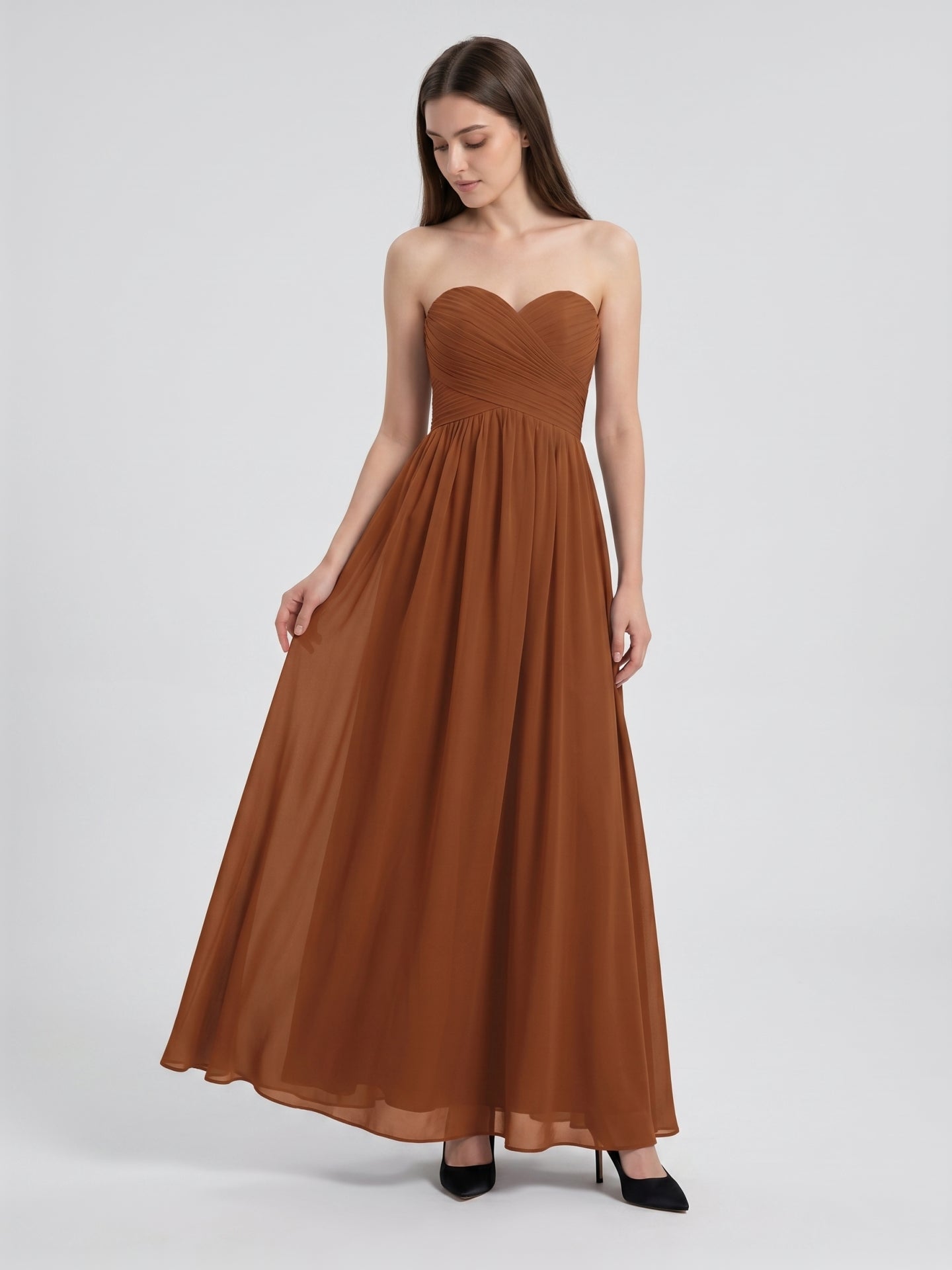 Terracotta Chiffon A-Line Off-the-Shoulder Back Zip Floor-Length Pleated Bridesmaid Dress - Curvevia