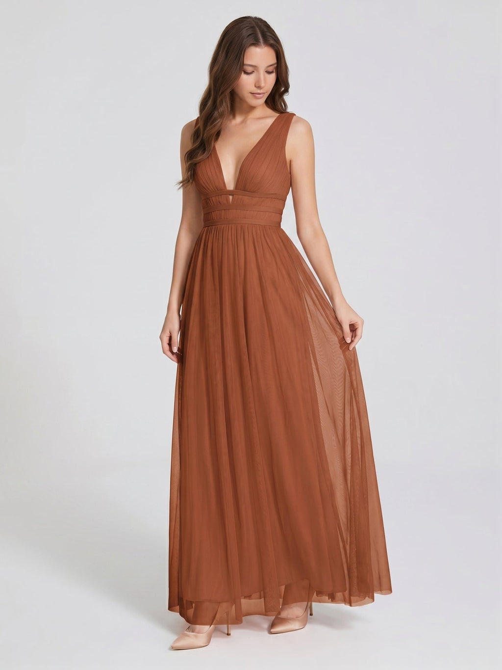 Terracotta Tulle A-Line V-Neck V-Back Floor-Length Pleated Bridesmaid Dress - Curvevia