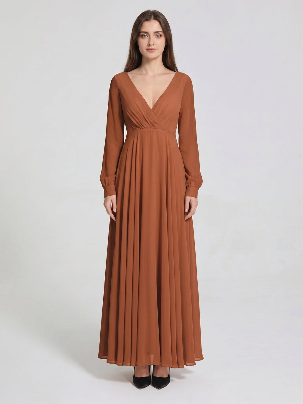 Terracotta Chiffon A-Line V-Neck Back Zip Floor-Length Pleated Bridesmaid Dress - Curvevia